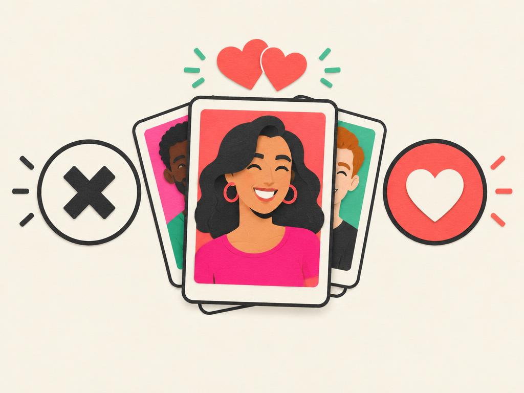 Cartões com retratos, um X para passar e um coração para curtir.